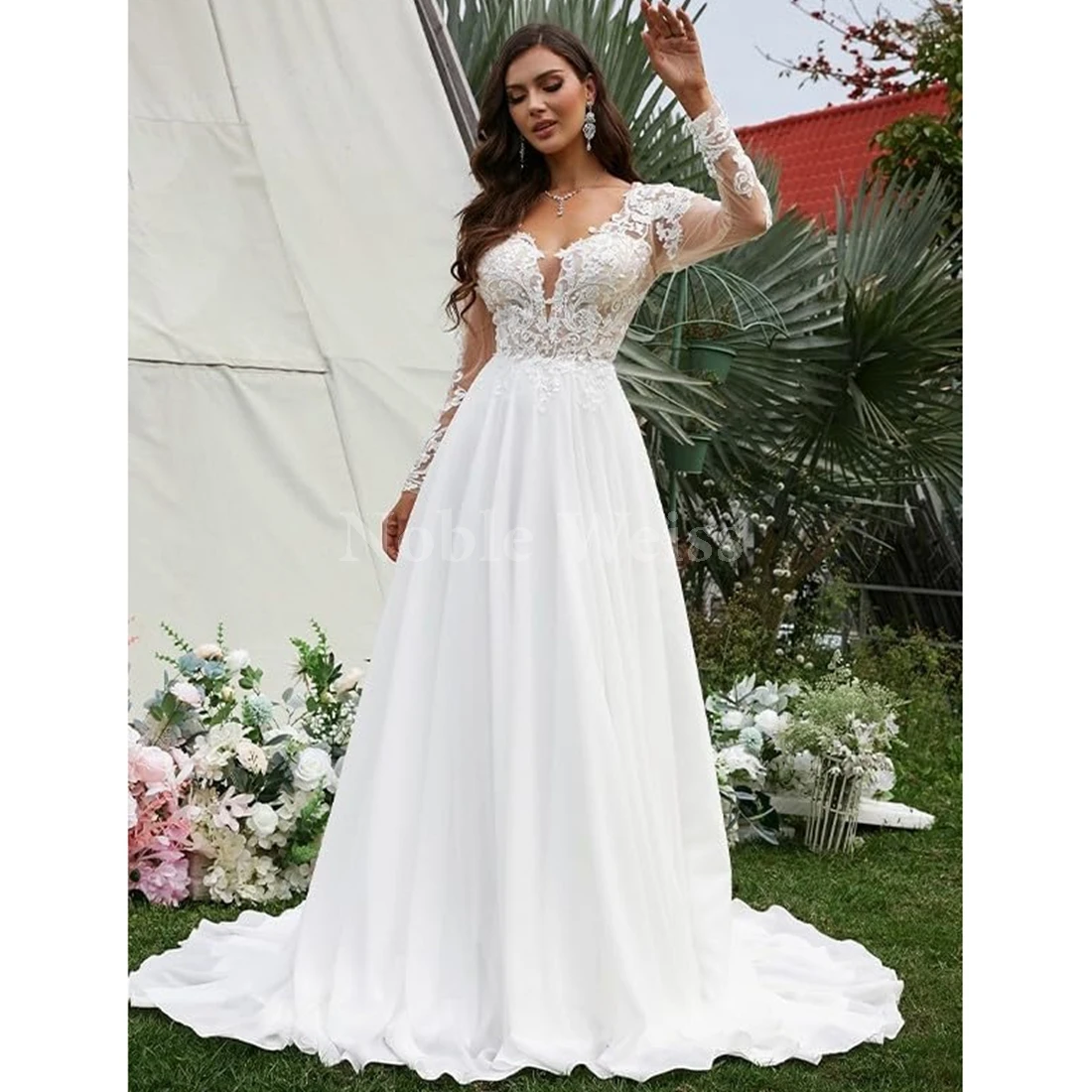 Elegant Lace Chiffon Wedding Dresses A-LINE Bridal Gowns with Exquisite Appliques for Bride 5