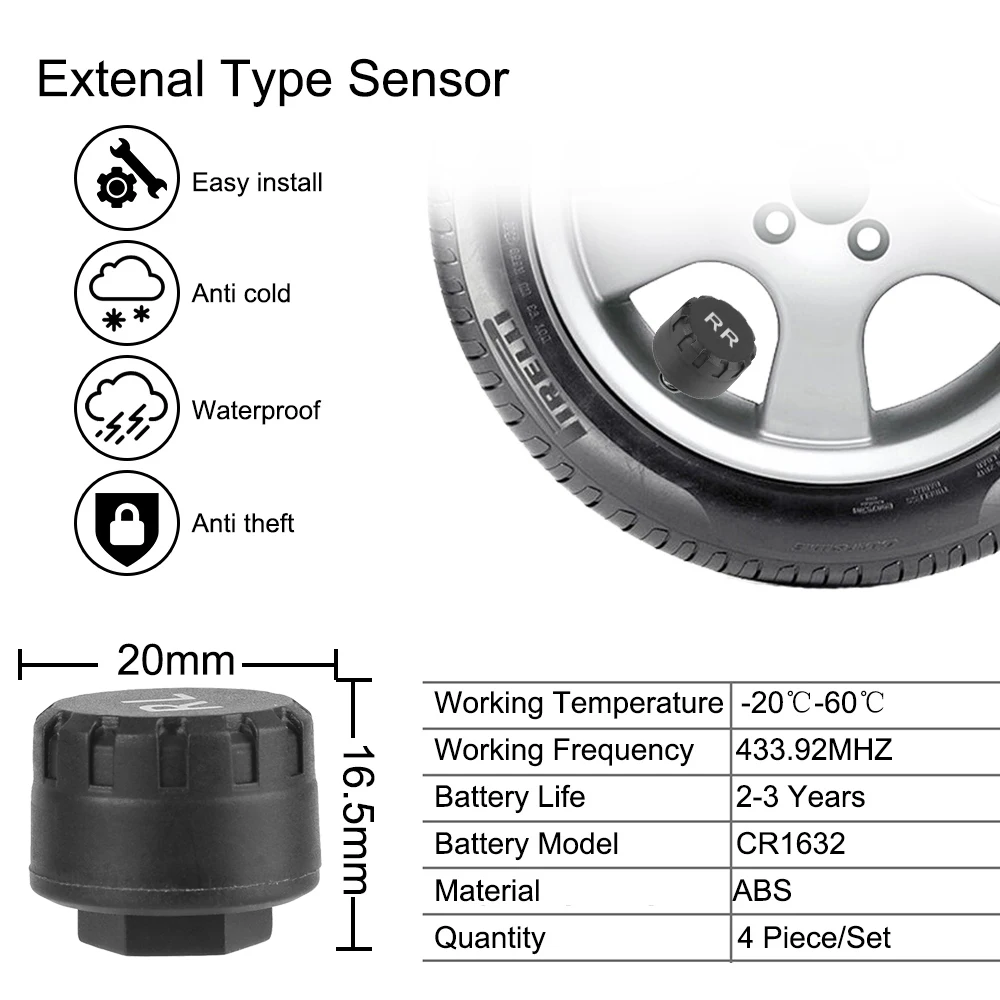 Wireless Tire Pressure Monitoring System with USB and 4 Sensors for Universal Compatibility