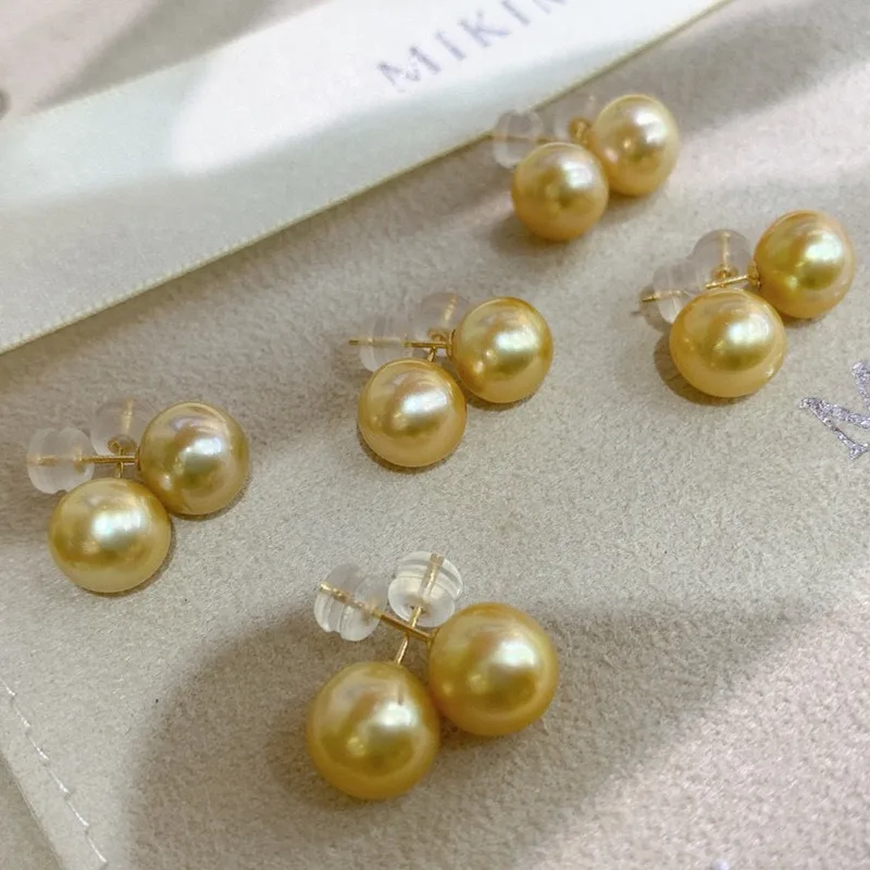 Classic Simple 11-12mm Golden Pearl Earrings for Women Round Sea Pearl Fashion Party Wedding Jewelry