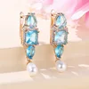 Mothers Day Aqua Blue Stone Luxury Simulated Pearl Hoop Earrings For Women U Shaped Beads Ear Buckle Zircon Party Jewelry Gifts