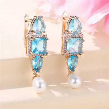 Mothers Day Aqua Blue Stone Luxury Simulated Pearl Hoop Earrings For Women U Shaped Beads Ear Buckle Zircon Party Jewelry Gifts