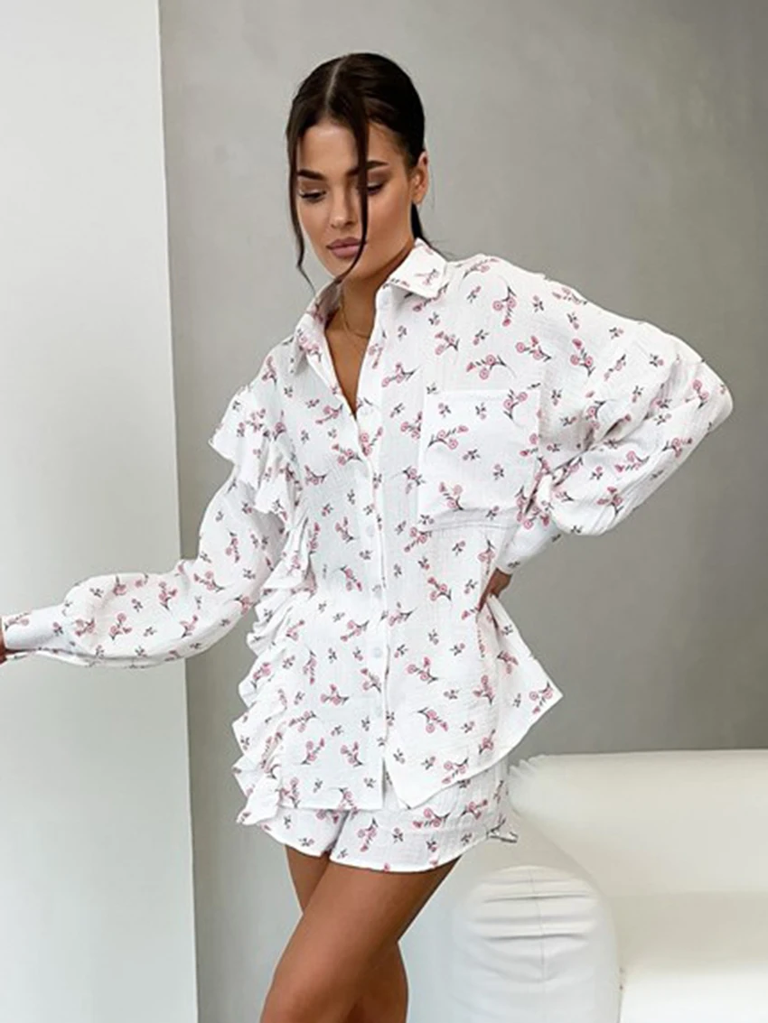 Marthaqiqi New 2024 Printing Ladies Nightgowns Suit Long Sleeve Pajamas Turn-Down Collar Sleepwear Shorts Autumn Nightwear Set