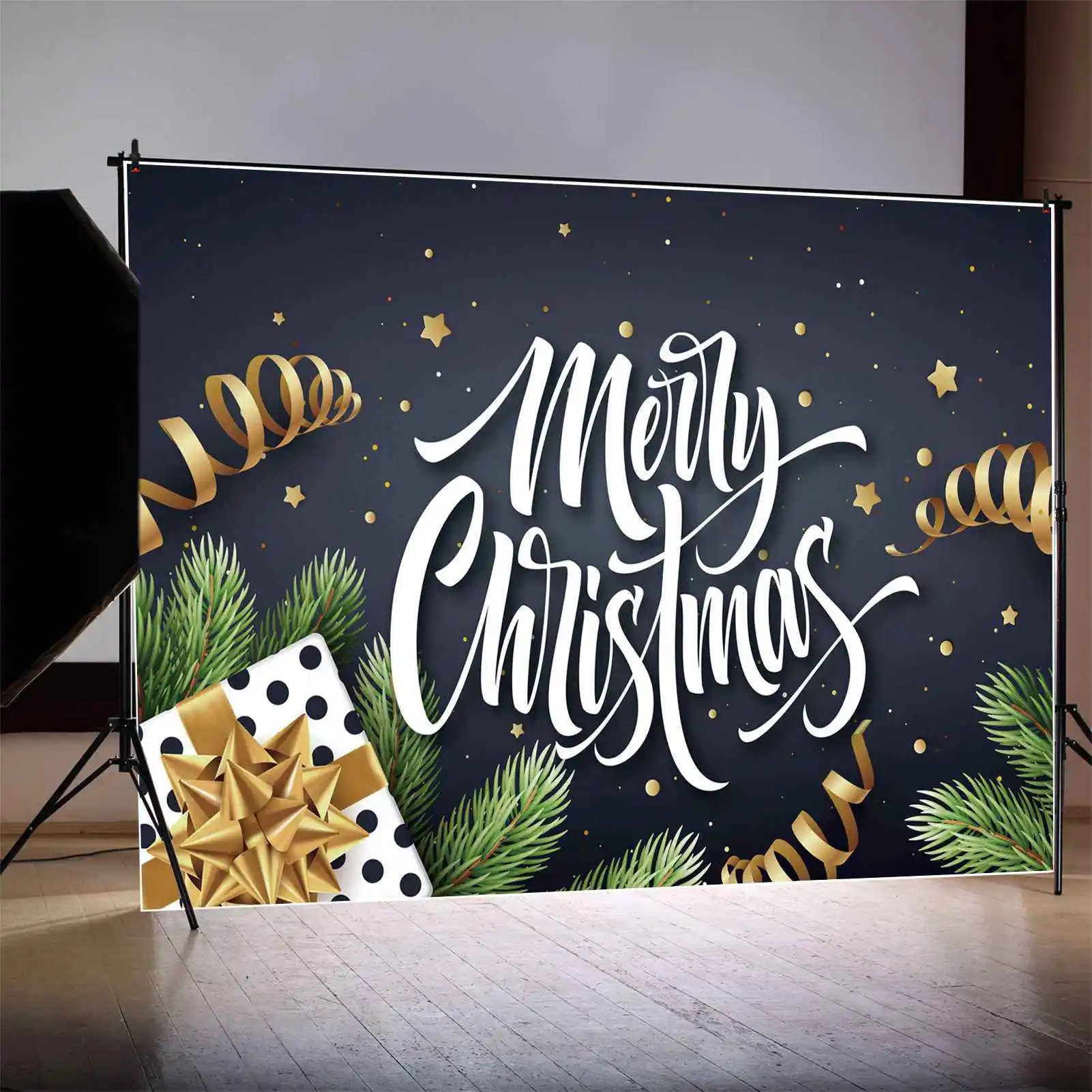 

Фон MOON.QG с надписью "Merry Christmas", баннер, Золотая лента, звезда, небо, украшение, фон для детей, подарок, фотография, фотобудка, реквизит