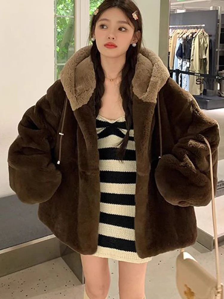 

Oversized Plush Jackets Women Winter Fluffy Faux Fur Coat Female Korean Fashion Thick Hooded Outerwear Ladies Chic Teddy Jacket