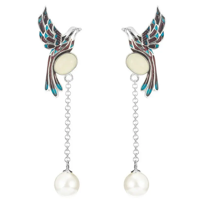 

2.4"Fashion Chinese Hetian Gray Jade Pearl Magpie Earrings Ear Stud Silver