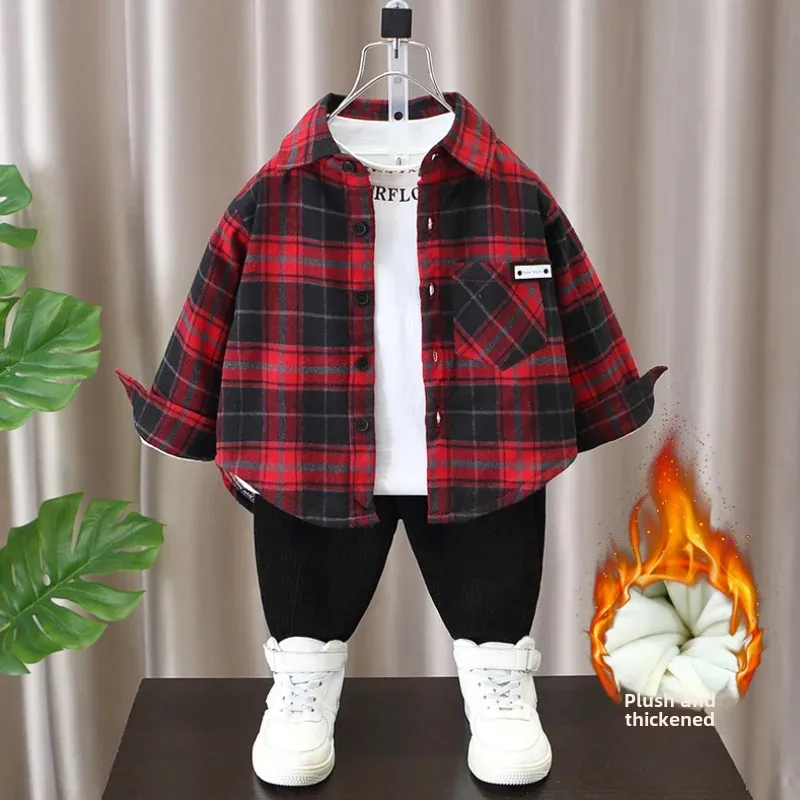 Thickened Flannel Children's Shirt Winter Plaid Patterned Casual Inner Wear for Boys Warm Outerwear Versatile Casual Top