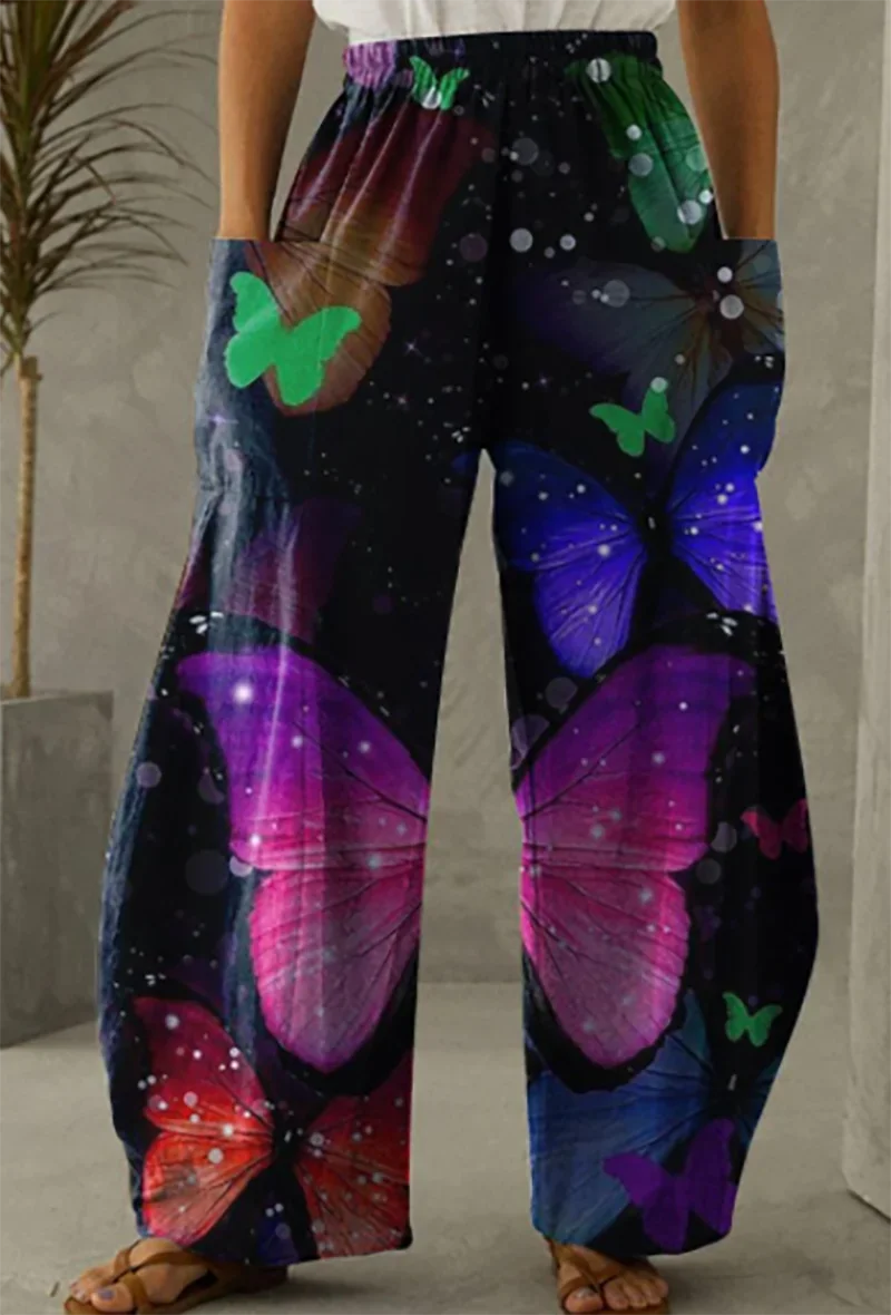 

Autumn Butterfly Prints Long Pants Casual Loose Trousers Bohemian Vintage Beach Wear Women Pretty Wide Leg Oversized Trousers