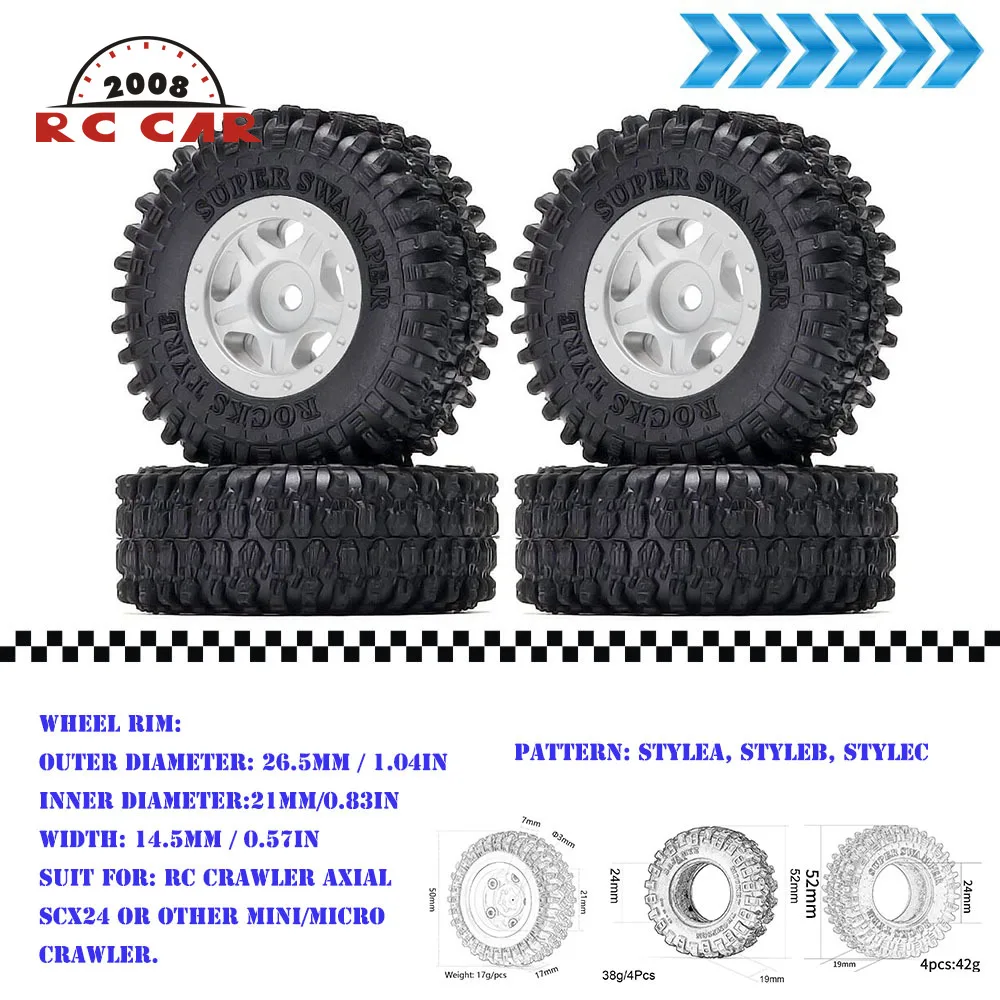 

1:24 1.0 Metal Beadlock CNC Micro Crawler Wheel Rim & 52mm Tires for Crawler Axial SCX24 90081 AXI00001 mini crawler