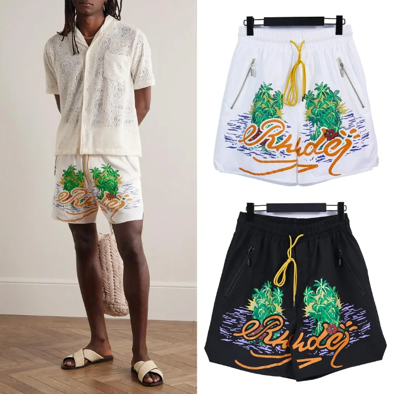 

23SS New Coconut Water Splash Letter Print Rhude Shorts Men Women EU Size Cool Fabric Lil Peep Rhude Shorts