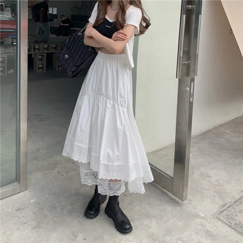 Fashion Summer Korean Women Skirts White Black Streetwear Long A-line High Waist Elastic Female Clothing Student Skirt Streetwea black leather skirt