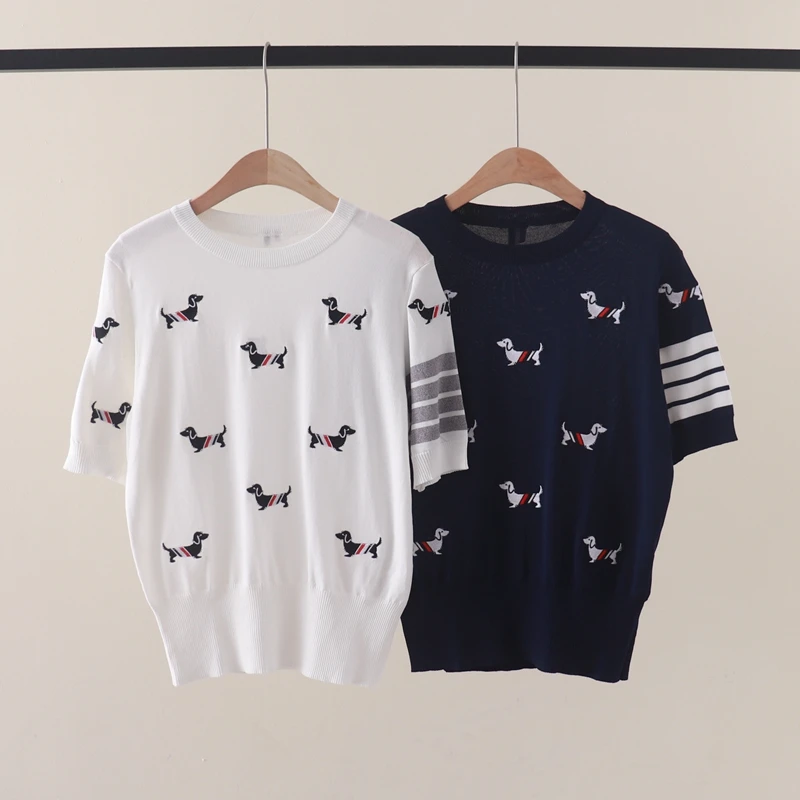 

New Summer TB body dog embroidered round neck ice silk short-sleeved T-shirt knitted shirt slim thin
