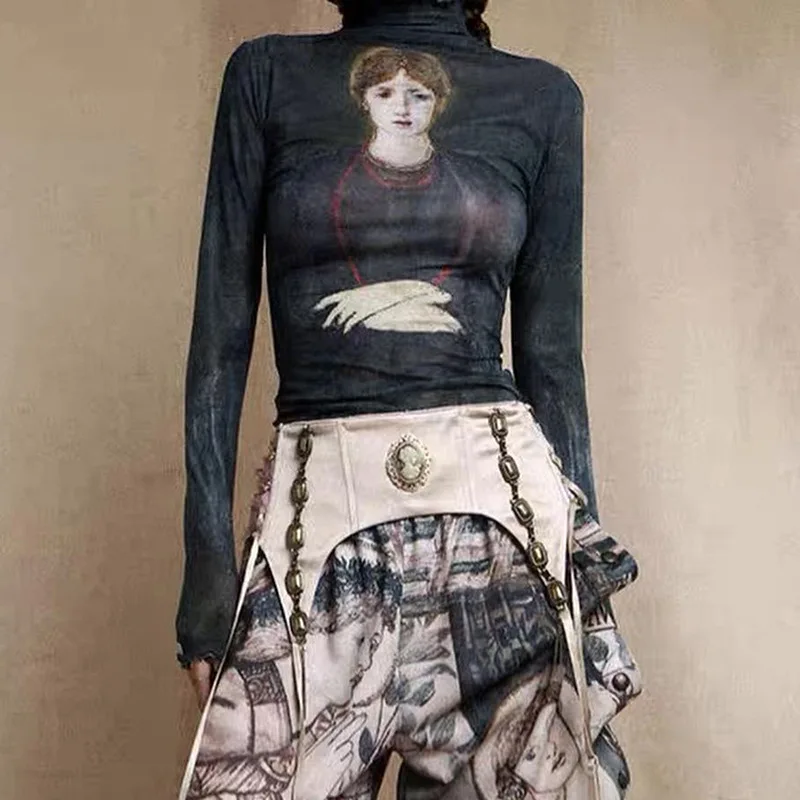 

Летние сетчатые Топы с длинным рукавом для женщин, американская Ретро футболка с высоким воротником и принтом масляной живописи, Просвечивающая уличная одежда, женская блуза