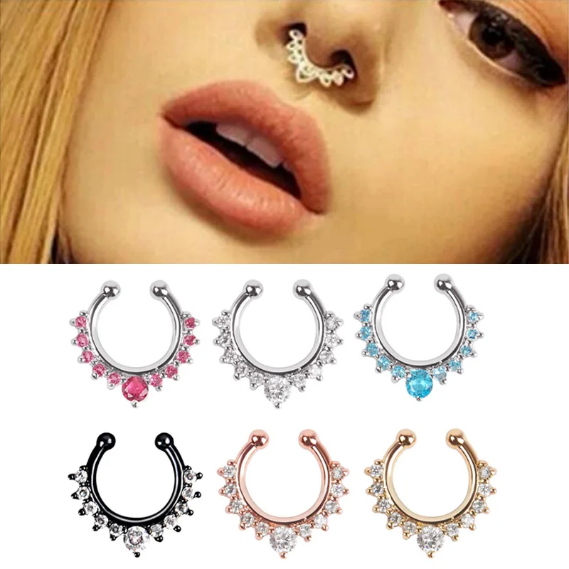

1pc Fake Piercing Nose Ring Crystal Clip On Nose Piercing Hoop Septum Stainless Steel Non Pierced For Women Body Jewelry Gifts