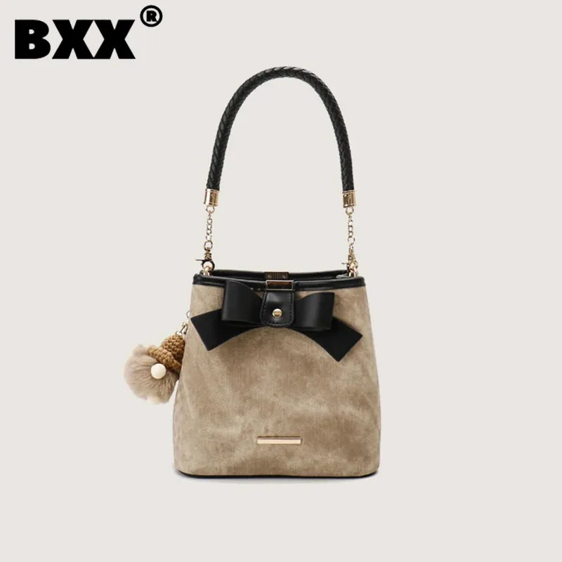 

[BXX] Bow Spliced Bucket Bag For Women 2023 New Fashion Chic Leather One Shoulder Crossbody Bags Female Vintage Handbag 8CY1236