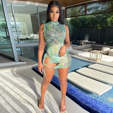 

Wishyear 2022 Tie Dye 2 Piece Set Sleeveless Bodycon Bodysuit Bandage Y2k Mini Skirts Sexy Club Wear Outfits Women Matching Sets