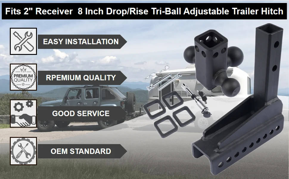 2inch Receiver, 8 Inch Drop/Rise, GTW 18500 LBS, Adjustable Trailer Hitch
