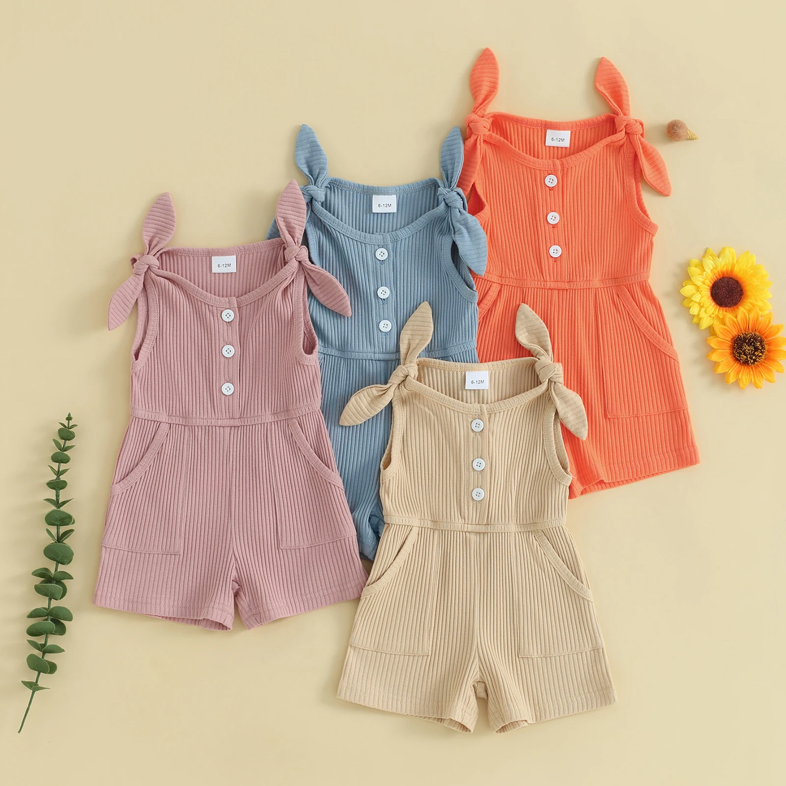 

Toddler Baby Girls Summer Rompers Solid Color Sleeveless Ribbed Knitted Jumpsuit Shorts Overalls Bodysuits Casual Clothes