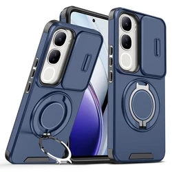 Luxury Lens Sliding Cover Rotating Ring Phone Case with Magnetic Charging and Protective Features for Vivo V40 Pro 5G (Blue)