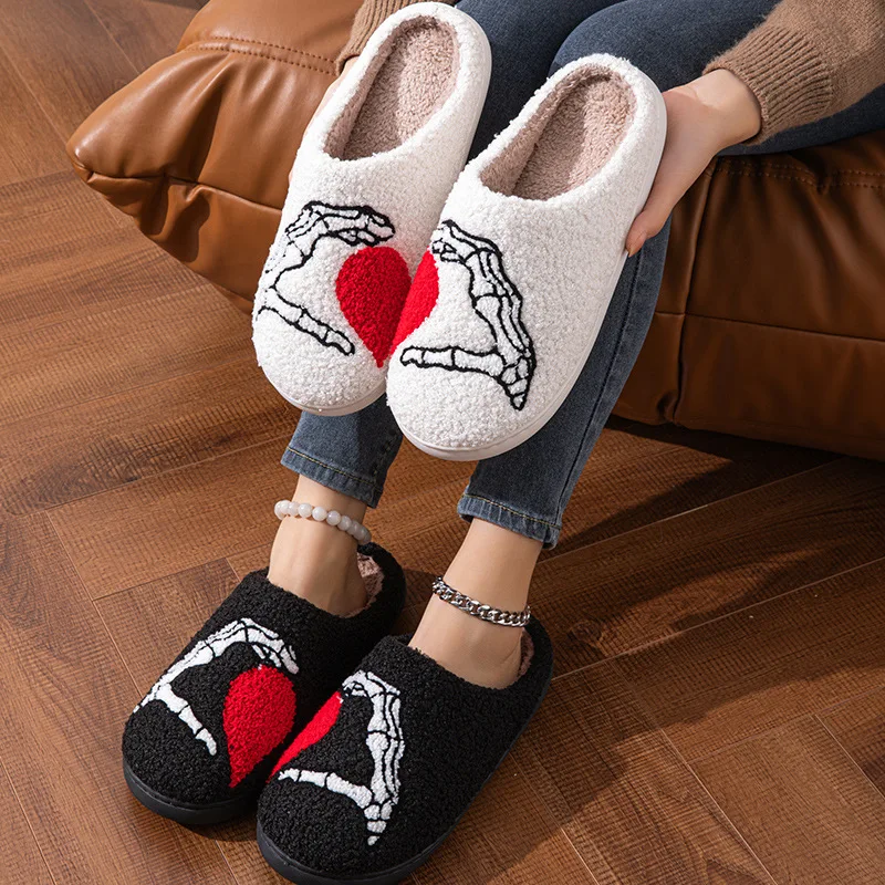 Couples Home Slippers Skull Hand Love Heart Valentine's Day Gift Winter Warmy Cotton Shoes Non Slip Fluffy Comfy Shoes Gift 2