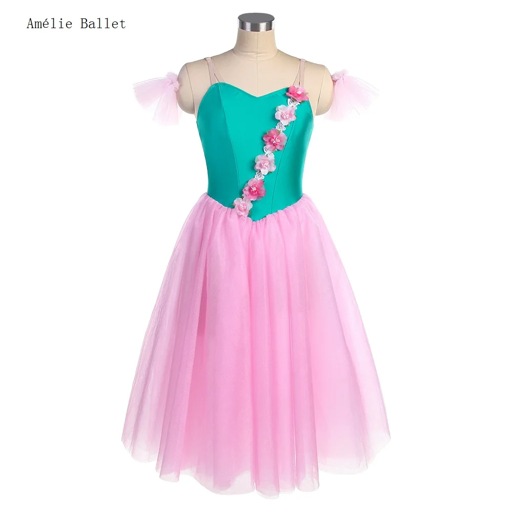 

23172 Green Stretchy Spandex Top Bodice & Pink Tulle Ballet Tutu Romantic Dance Costumes Adult & Child Ballet Dance Tutu