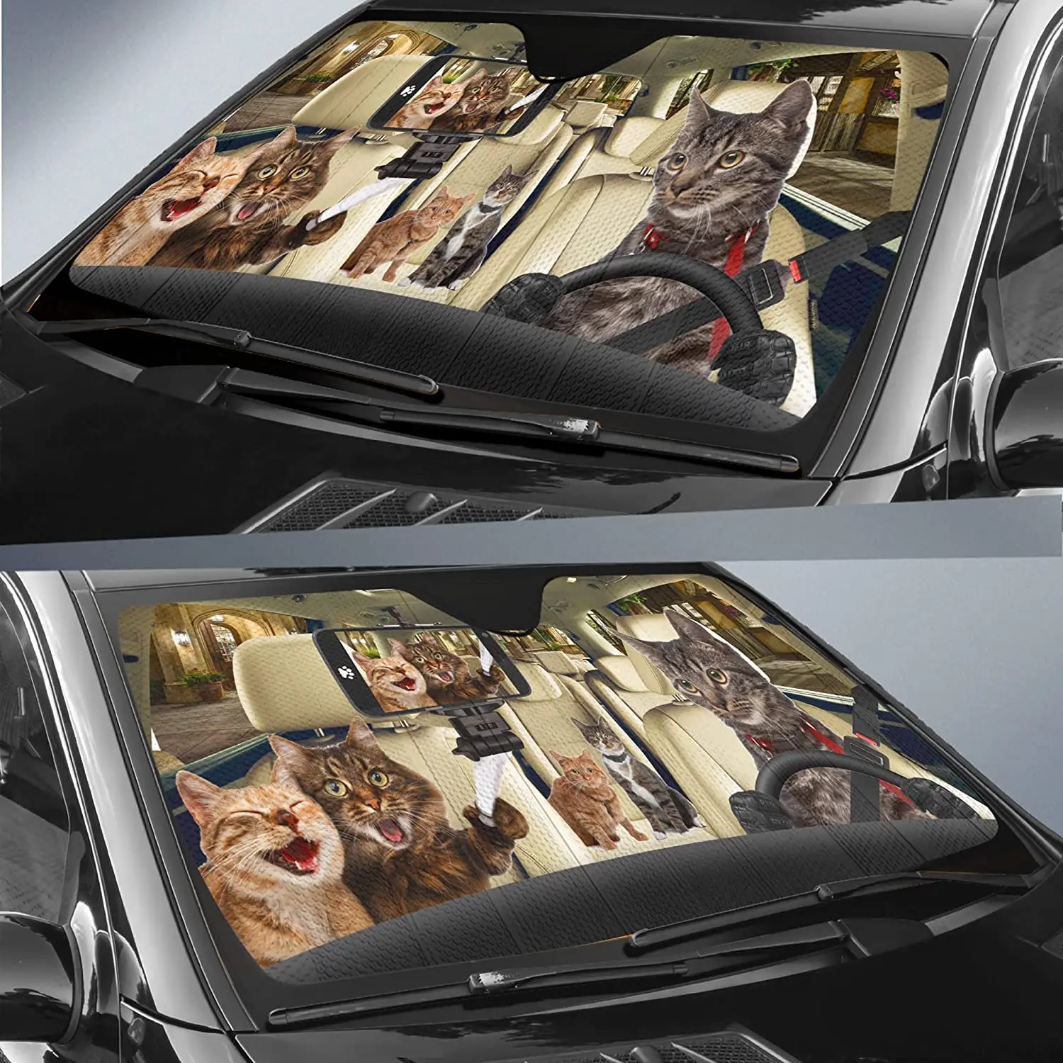 Funny Cat Print Car Sun Shade - Foldable Windshield UV Protector