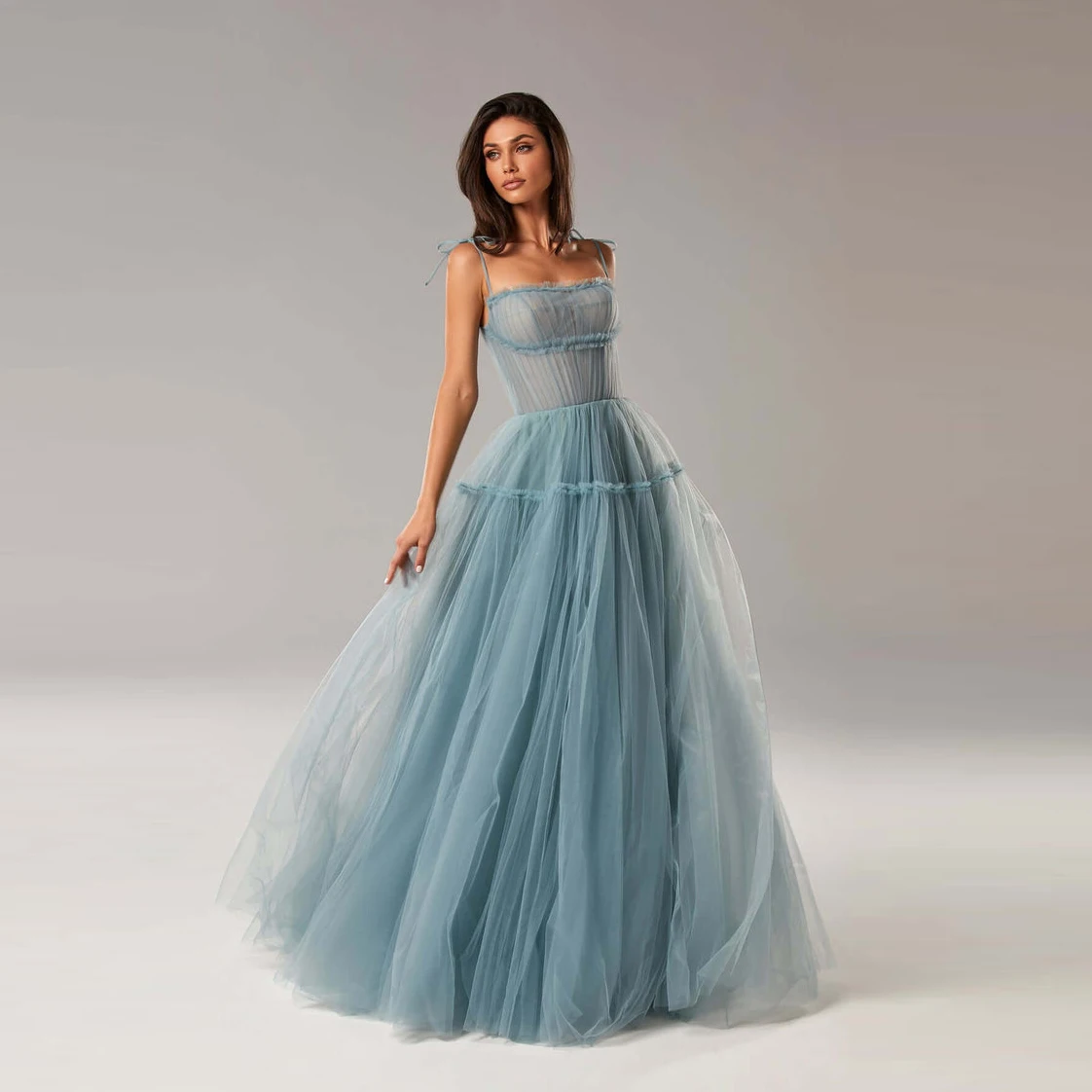 Modest Ice Blue Tie straps Tulle Prom Gowns A line Long Tulle Women