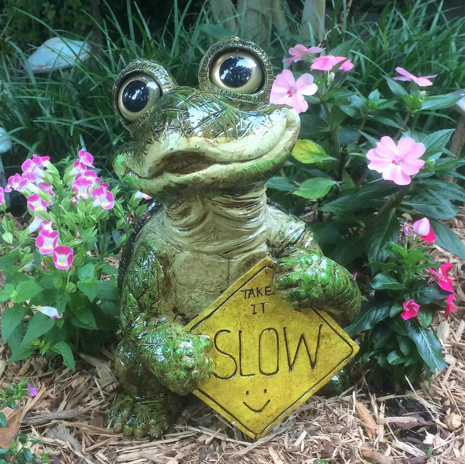 

Whimsical Turtle with "Take it Slow" Caution Sign Outdoor Garden Statue 15"H Animal Sculpture for Patio, Balcony, Yard Ornament