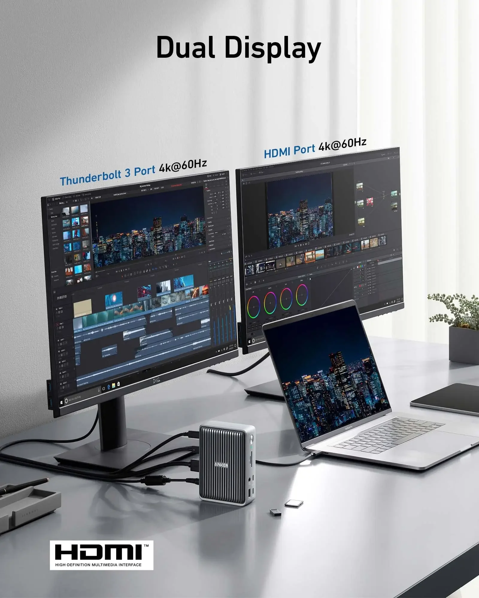 앵커 577 도킹 스테이션 13-in-1, 노트북용 썬더볼트 3 85W 충전, 휴대폰용 18W, 4K 듀얼 디스플레이, 10Gbps USB-C 데이터 전송