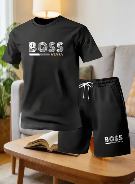 Ensemble de costume pour homme 2 pièces, ensemble décontracté et confortable pour homme, comprenant un t-shirt et un short, adapté aux activités sportives et de fitness, été 1