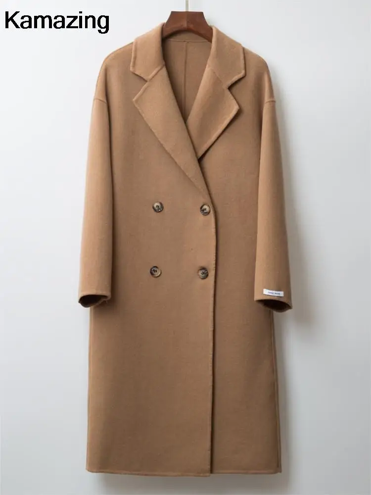 

Women Fashion Double Breasted Long Woolen Coat Autumn Winter New Simple Solid Lapel Collar Outerwear Female Elegant Clothes