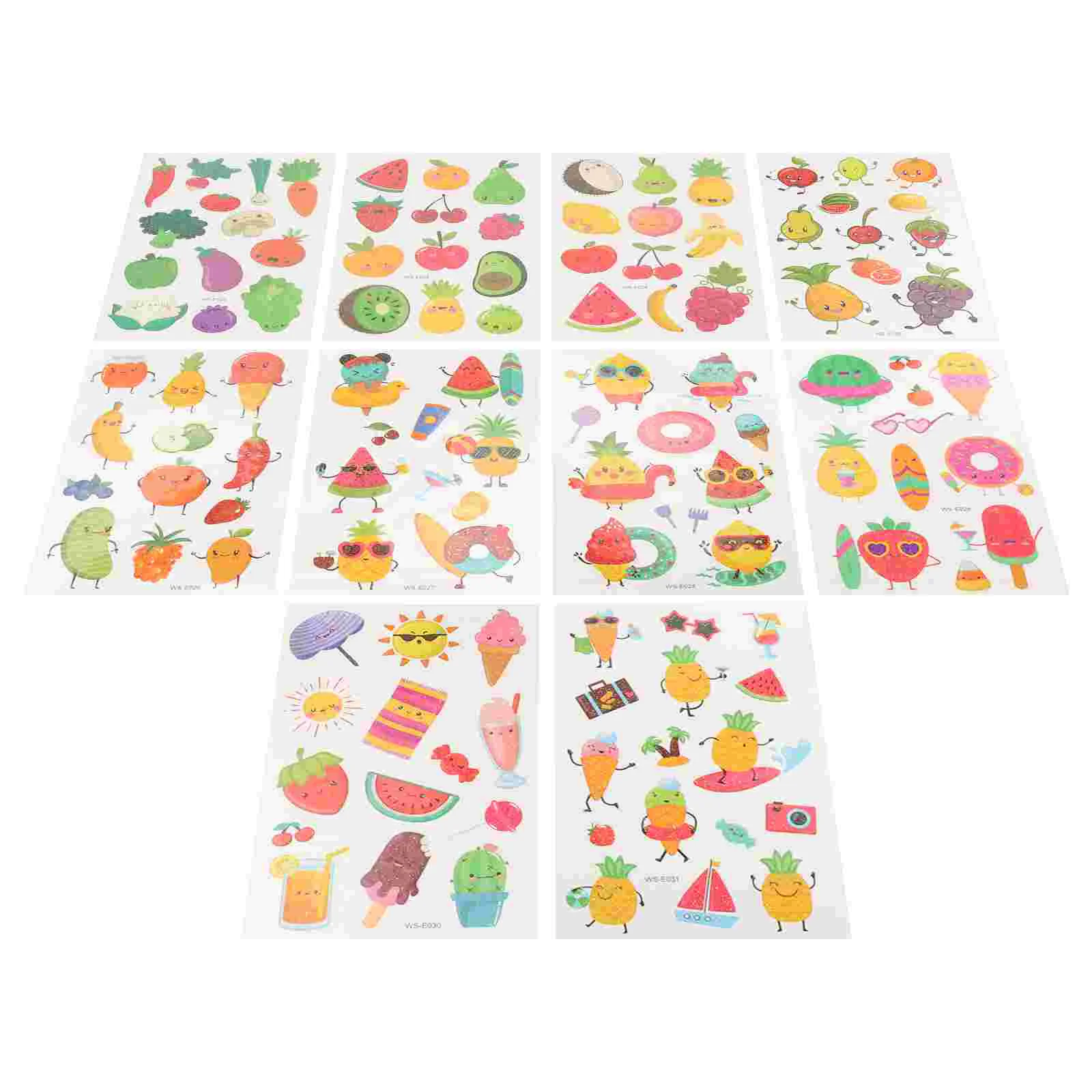 

10 Sheets Glitter Stickers Fruit Tattoo Waterproof Tattoos Decal Vegetable Party Supplies Kids Temporary Design Body Children
