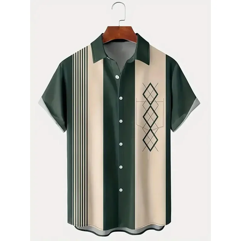 Summer New Trendy Hawaiian Fashion Shirt with Retro Bowling Ball Geometric Print Men's Shirt with Pocket Button Large Cloth