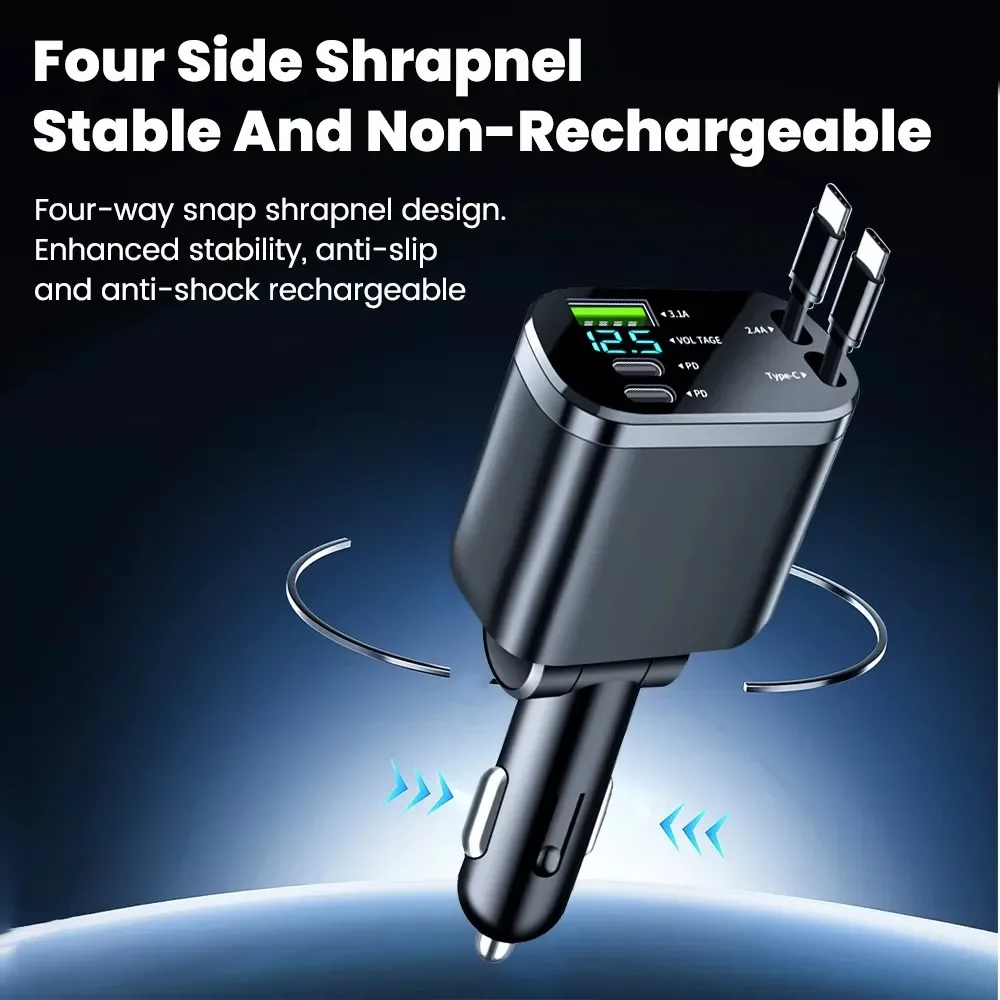Universal Multi-Function Fast Charging Car Charger with Retractable Cable
