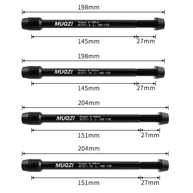 MUQZI 트레이너 스루 액슬 어댑터 M12 x 1.5/1.75 스레드 160-172mm 166-178mm 샤프트 자전거 바퀴 퀵 릴리스 꼬치