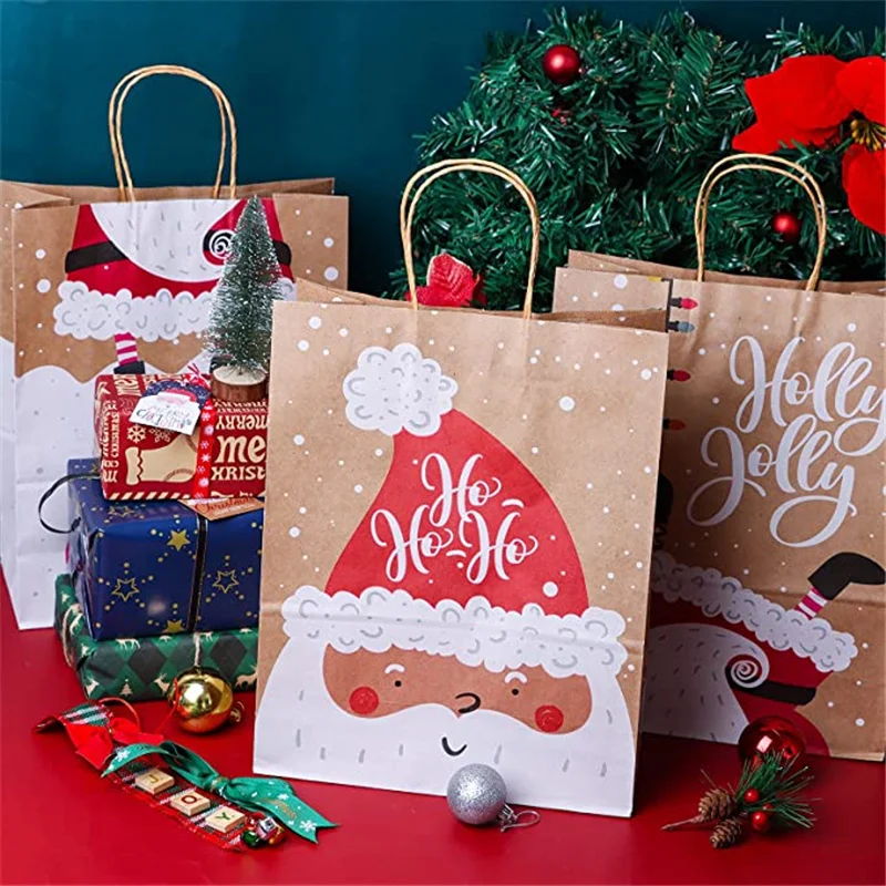 Christmas Kraft Paper Gift Bags Christmas New Year Candy Cookies Gift Tote Bag Festival New Year Storage Bag 5pcs Christmas Gift Bags Christmas Candy Packaging