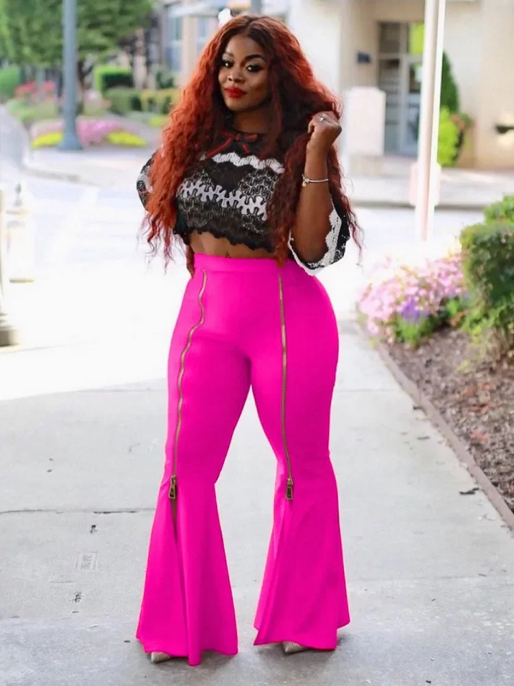 

Casual Lounge Solid Color Zip Up Flare Pants High Street Outfits For Female Mid Waist Flowy Pants Slim Fit Floor Length Trousers