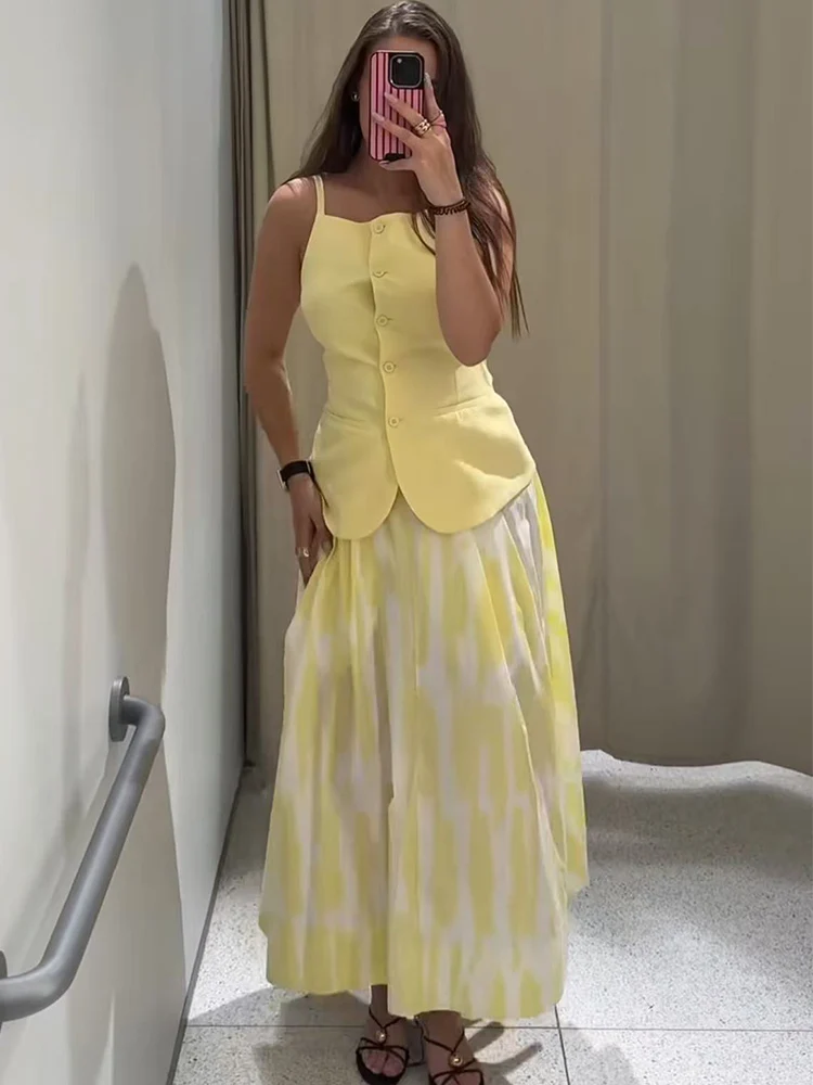 TFMLN 2025 Women Elegant Geometric Print Skirt Summer A-line Fashion Holiday Style Midi Skirts Casual Chic Side Zipper