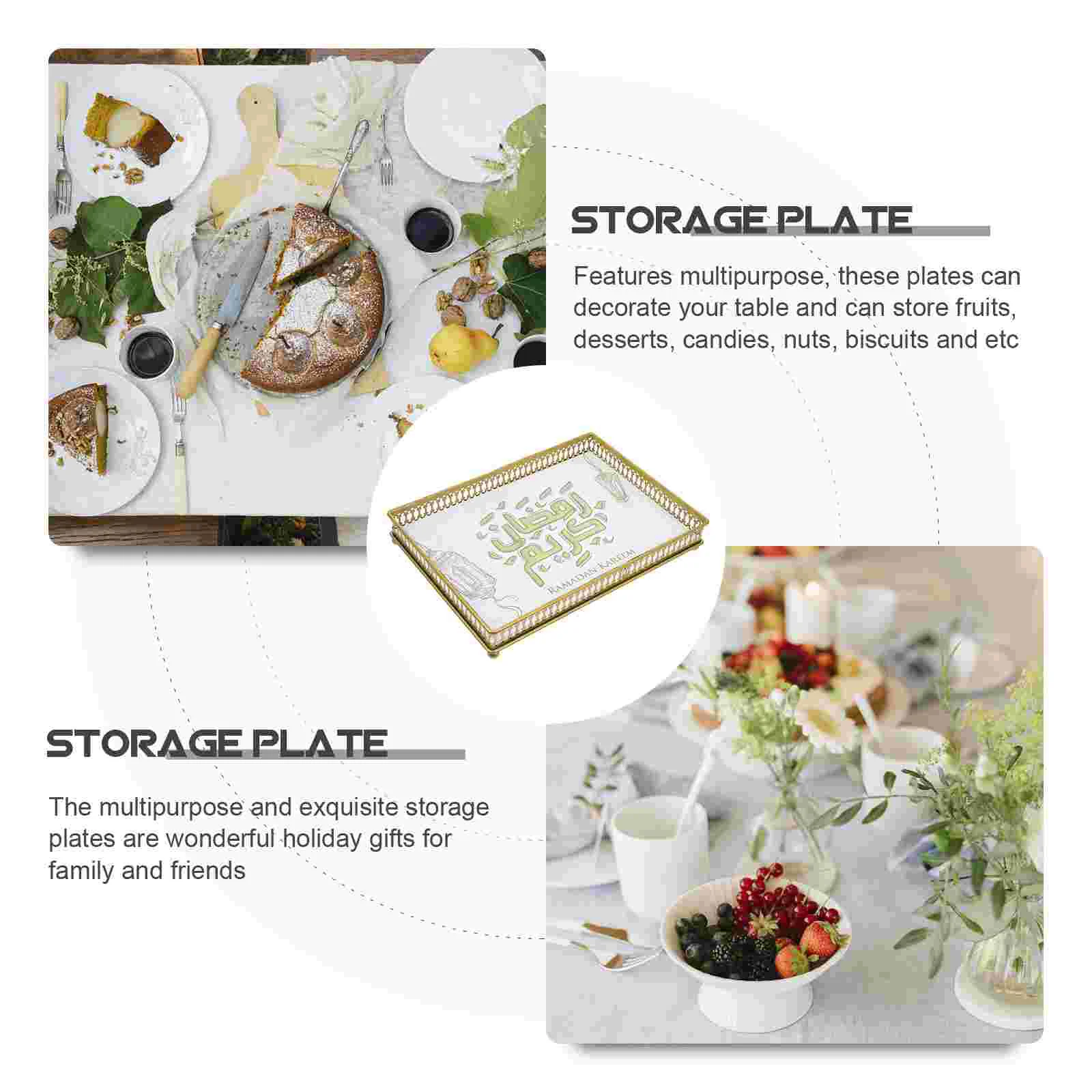 1pc Muslim Service Plate Eid Party Storage Plate Metal Square Tray (Golden) Eid Tray Snack Plate Party Supplies 4