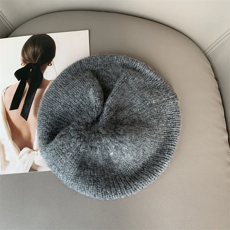 New Fashion Women's Autumn and Winter Hat Female Striped Mohair Knitting Wool Cap Retro Beret Pure Color Painter Cap 6