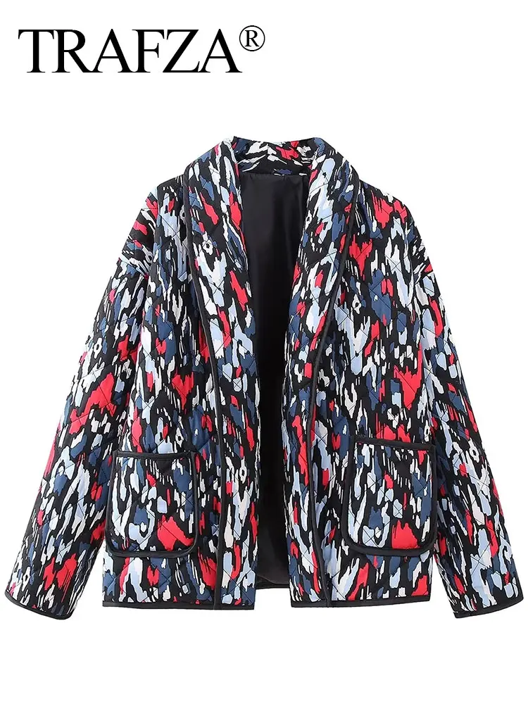 

TRAFZA Winter Coats For Women Printing Stand Collar Quilted Black Hemming Loose Coats Female Chic And Elegant Women's Clothing