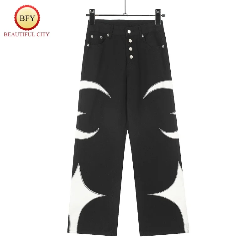 High Street Black Blue ThugClub Star and Moon Patchwork Leather Embroidery Logo Straight Loose High Quality Mens Womens Jeans 2