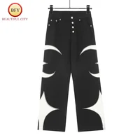 High Street Black Blue ThugClub Star and Moon Patchwork Leather Embroidery Logo Straight Loose High Quality Mens Womens Jeans 2