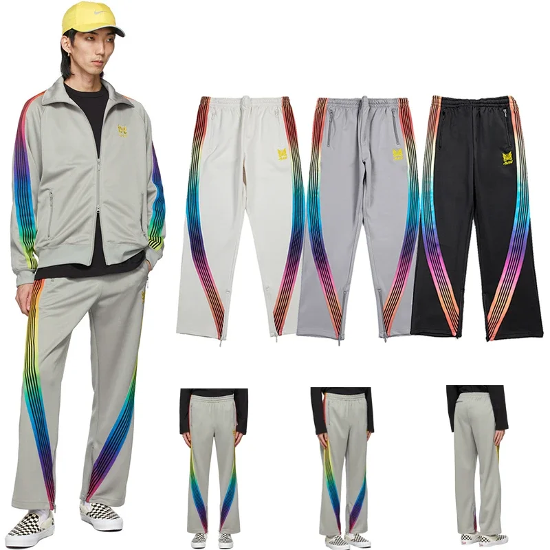 

AWGE NEEDLES 1:1 Rainbow Webbing Track Stripe Sweatpants Butterfly Embroidery Pants Zipper Men Women Casual Trousers