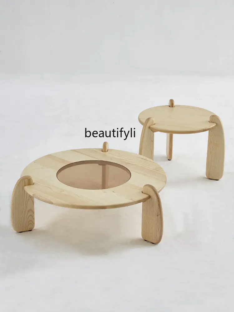 

round Solid Wood Coffee Table Small Apartment Living Room Ash Nordic Simple Corner Table Combination