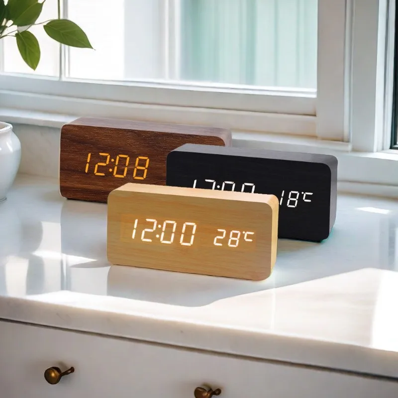 LED Wooden Digital Alarm Clock with Voice Control - Stylish Home Decor Clock
