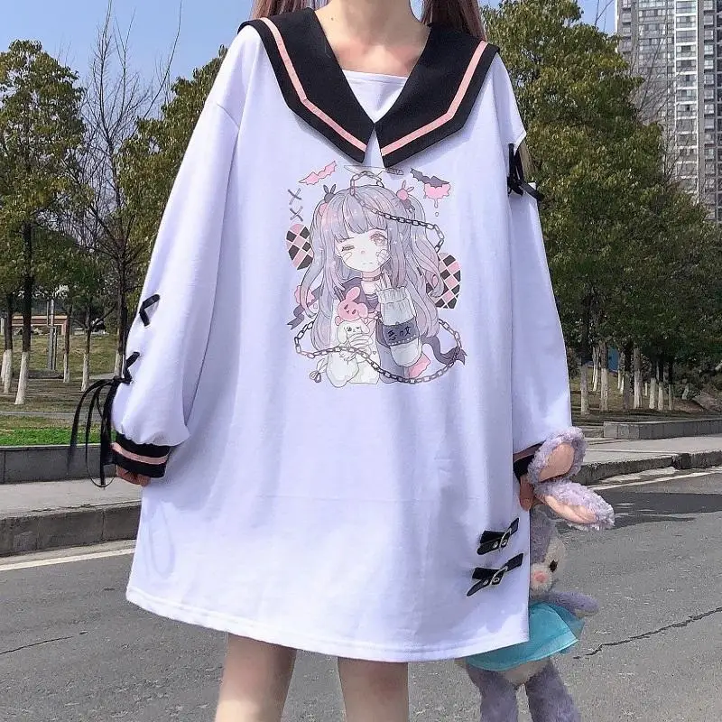 

Женская толстовка с мультяшным принтом Kawaii, толстовки в японском опрятном стиле, Свободные повседневные топы с длинным рукавом, милые эстетические