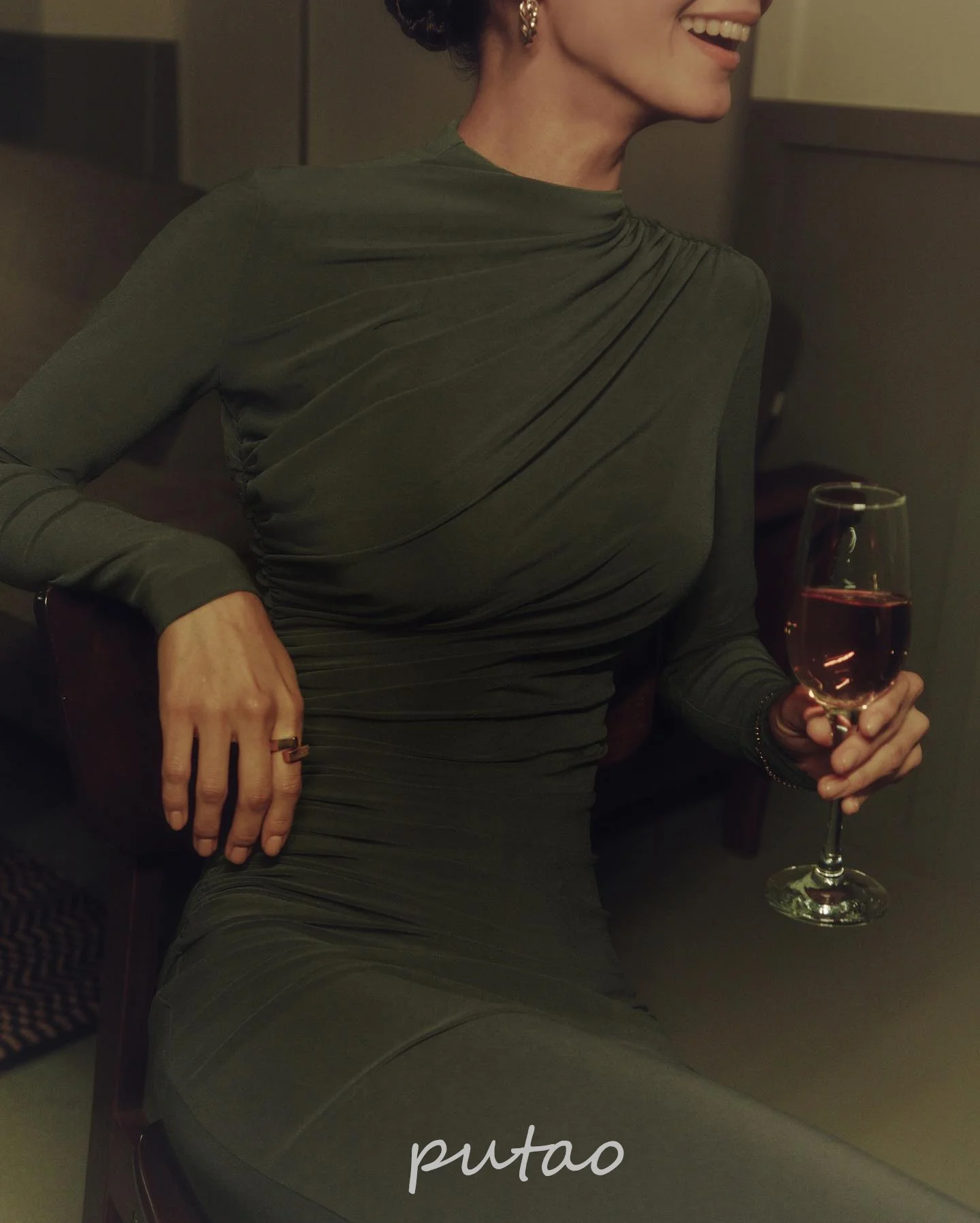 Putao Olive Midi Prom Dress With Asymmetric Draperies Formal Evening Dress Bodycon Long Sleeves Elegant Ankle Length