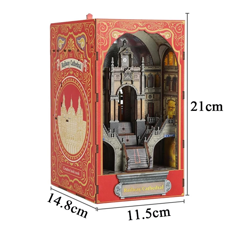 DIY Book Nook Wooden Miniature Model Kit Railway Cathedral Bookend Assembled 3D Puzzle Bookshelf Home Decor Friends Gifts 6