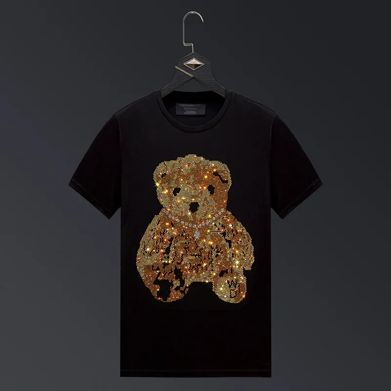 

2023 Bear Rhinestones Men T Shirts Streetwear Fashion Man Clothing Slim Modal Cotton O Neck Short Sleeve T-shirts Plus Size 6XL