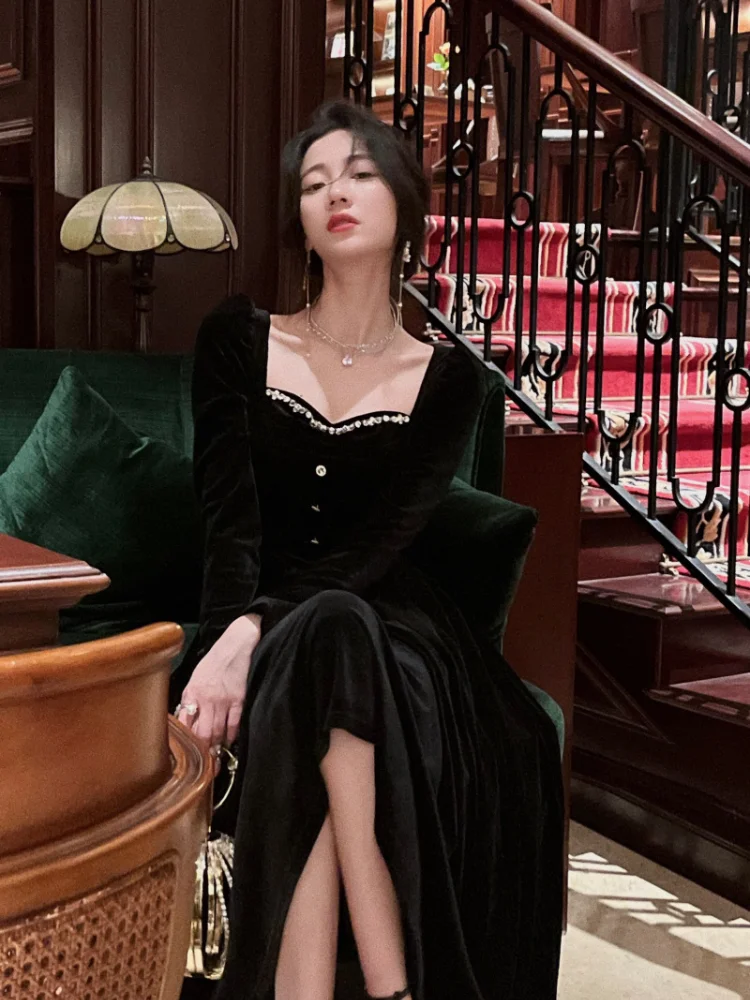 Elegant Wedding Party Black Velvet Midi Dresses for Women 2023